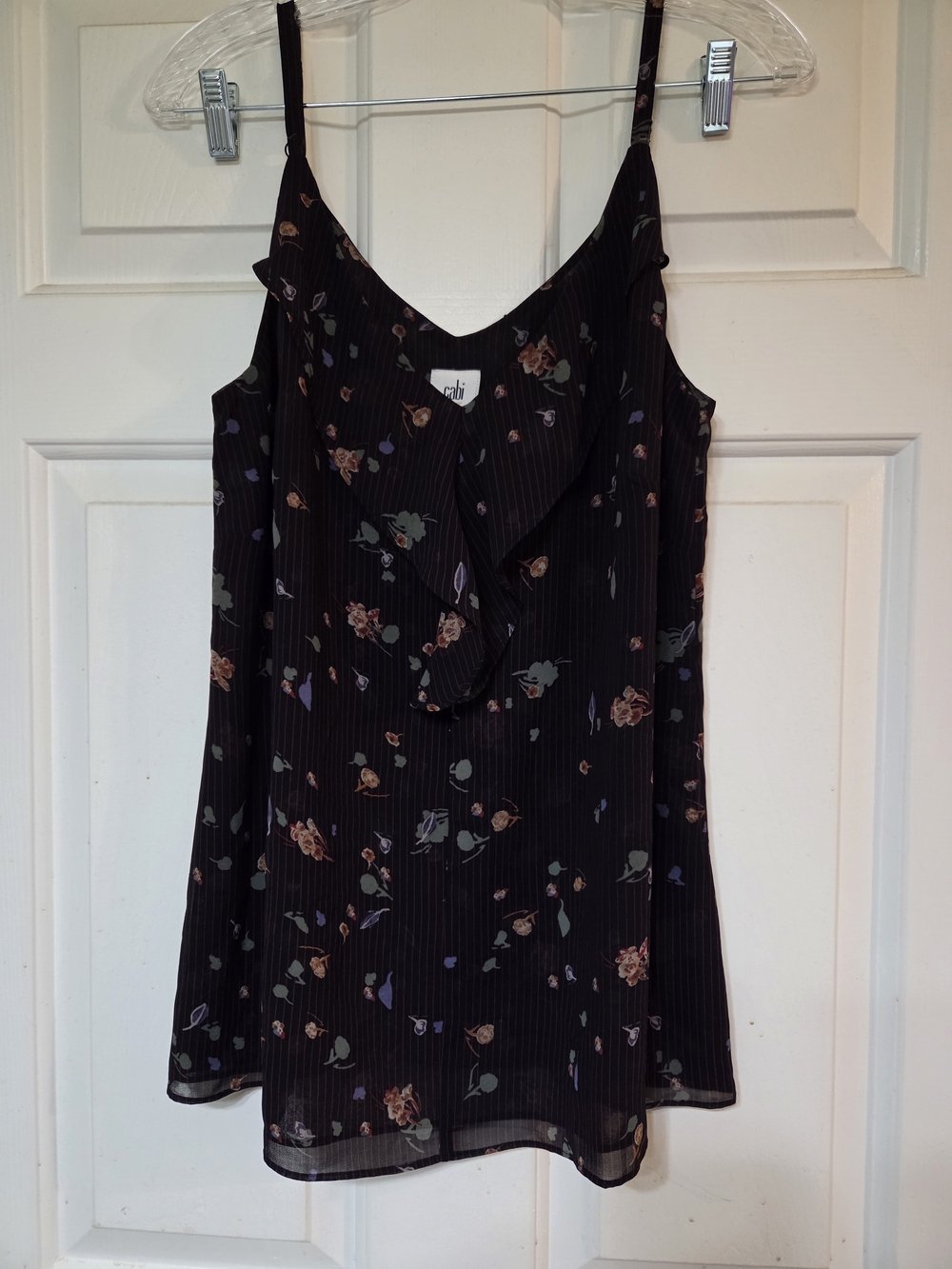 CAbi Black Floral Ruffle V-Neck Cami